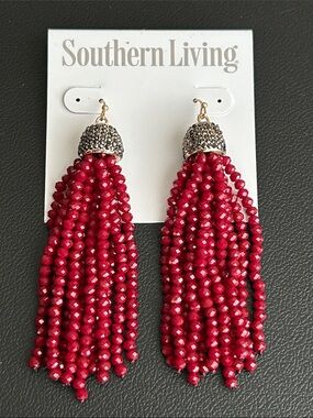 Southern Living Ruby Red Beaded Tassel Earrings with Gunmetal Caps